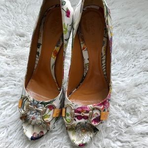 Gucci floral open toe heels